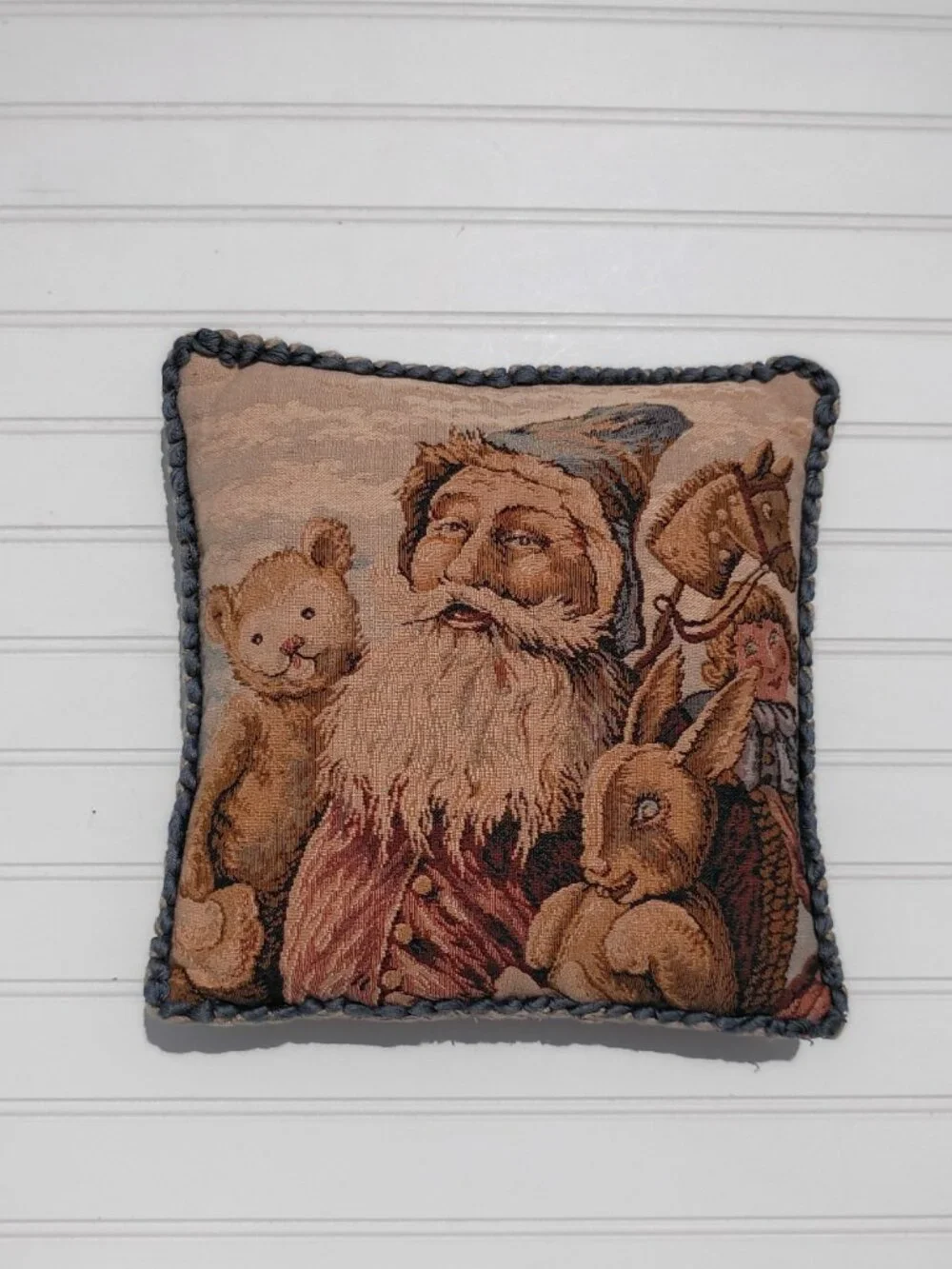 Vintage Tapestry Throw Pillow Santa Claus Old World Christmas Decor Folk Art Vtg